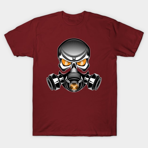Maroon t-shirt featuring a bold skull and gas mask graphic with bitcoin symbols, perfect for casual wear or street style.