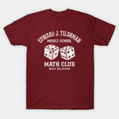 Burgundy t-shirt with dice graphic, "Math Club" text. Casual wear, cotton material, suitable for school events.