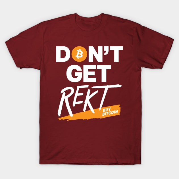 Maroon Bitcoin-themed graphic T-shirt with "Don't Get Rekt" text, casual style, cotton material, unisex design.