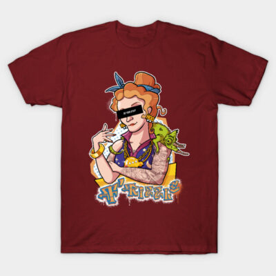 Maroon graphic tee with retro tattooed woman and chameleon design, ideal for casual wear.