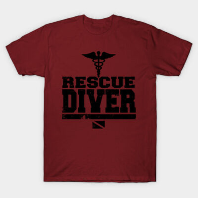 Maroon rescue diver t-shirt with black graphic and text, featuring a medical symbol. Casual wear, cotton blend material.