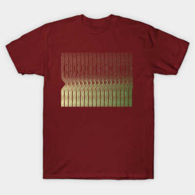 Maroon t-shirt with abstract gold-green gradient pattern, casual style, 100% cotton, unisex design.