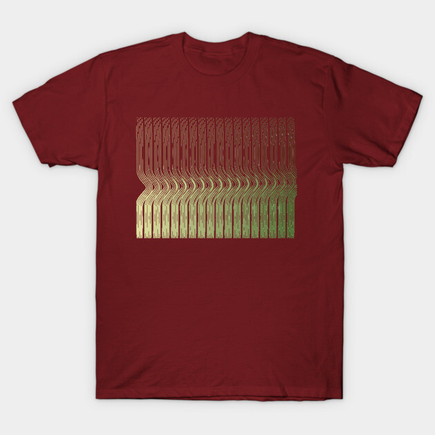 Maroon t-shirt with abstract gold-green gradient pattern, casual style, 100% cotton, unisex design.