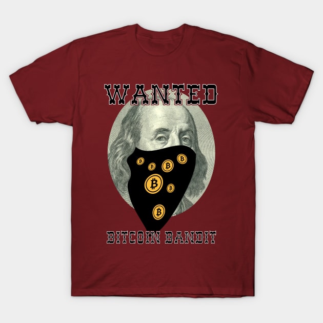 Maroon t-shirt featuring "Bitcoin Bandit" graphic design, casual wear, cotton material, ideal for cryptocurrency enthusiasts.