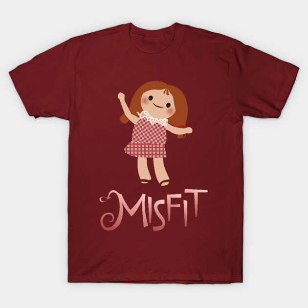 Maroon t-shirt featuring a cute doll graphic and "Misfit" text, perfect for casual wear, cotton material.