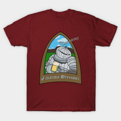 Red graphic t-shirt featuring medieval knight with beer illustration, perfect for casual wear and fantasy enthusiasts.