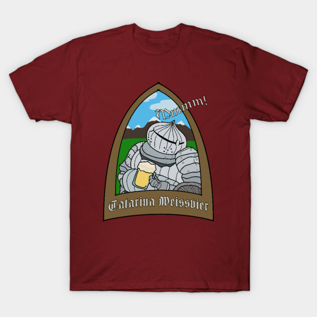 Red graphic t-shirt featuring medieval knight with beer illustration, perfect for casual wear and fantasy enthusiasts.