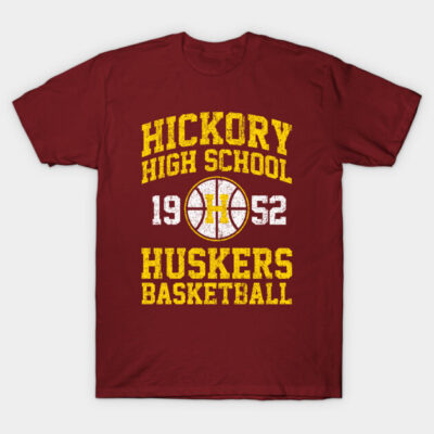 Maroon basketball T-shirt featuring "Hickory High School Huskers 1952" in yellow and white vintage-style print.