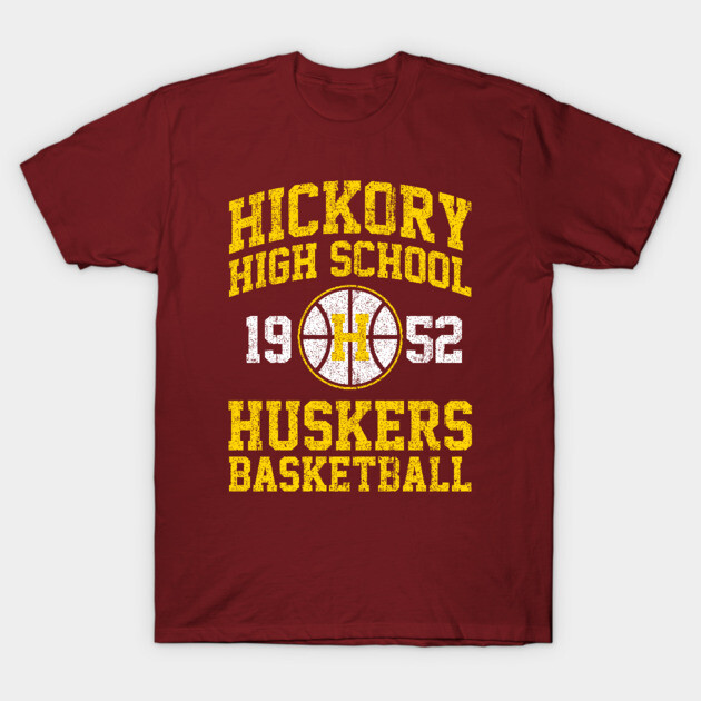 Maroon basketball T-shirt featuring "Hickory High School Huskers 1952" in yellow and white vintage-style print.