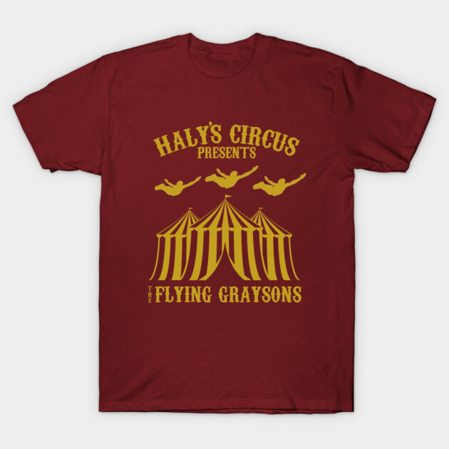 Maroon circus-themed graphic t-shirt, featuring yellow flying acrobats and tent design, casual cotton wear.