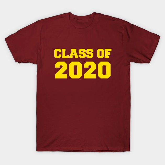Maroon "Class of 2020" t-shirt with bold yellow text, casual unisex style, perfect for graduation events.