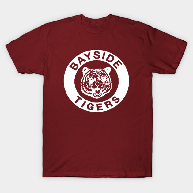 Maroon t-shirt featuring "Bayside Tigers" logo, casual style, comfortable cotton material, perfect for everyday wear.