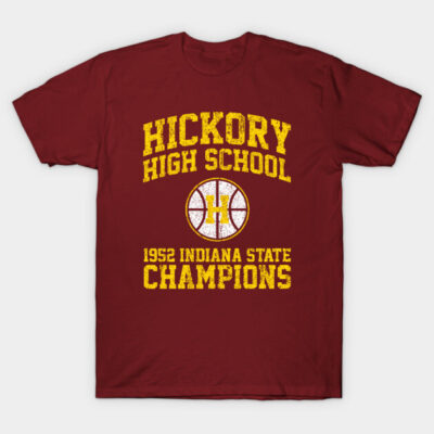 Maroon t-shirt with vintage "Hickory High School 1952 Indiana State Champions" design, ideal for sports fans.