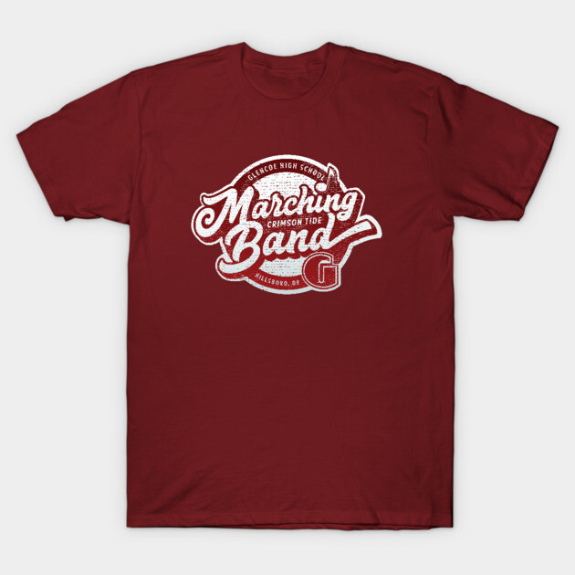Crimson red graphic t-shirt featuring marching band design, perfect for casual wear or music events, 100% cotton.