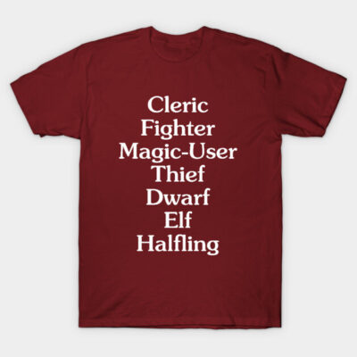 Maroon t-shirt with fantasy role-playing class names in white text, casual style, ideal for gaming enthusiasts.