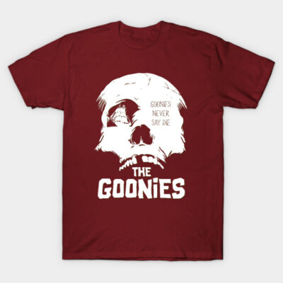 Maroon T-shirt featuring "The Goonies" skull graphic and "Goonies Never Say Die" text, casual cotton unisex style.