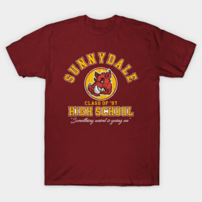 Maroon high school graphic t-shirt, vintage style, Sunnydale emblem, casual wear, cotton fabric.