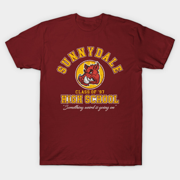 Maroon high school graphic t-shirt, vintage style, Sunnydale emblem, casual wear, cotton fabric.