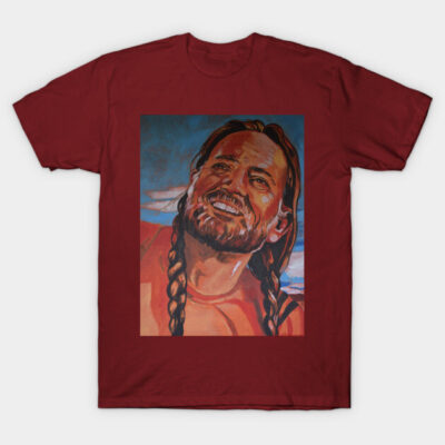 Red t-shirt with artistic portrait print, casual style, 100% cotton, comfortable and stylish for everyday wear.