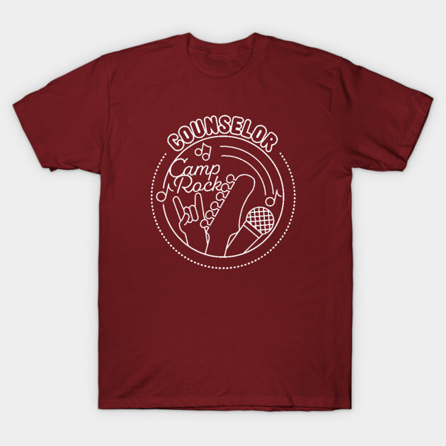 Maroon t-shirt with "Counselor Camp Rocks" graphic, featuring music symbols and microphone design, casual wear.