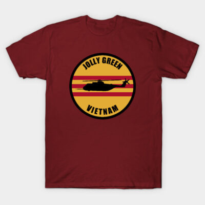 Maroon t-shirt with vintage helicopter graphic and "Jolly Green Vietnam" text, casual style, cotton material.