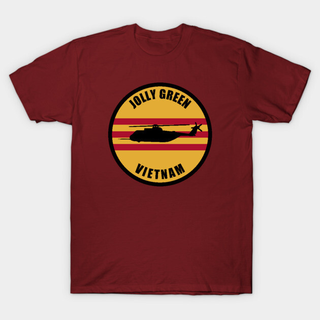 Maroon t-shirt with vintage helicopter graphic and "Jolly Green Vietnam" text, casual style, cotton material.