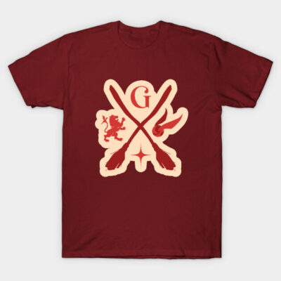 Maroon graphic T-shirt with vintage emblem design, featuring crossed brooms and lion motif, ideal for casual wear.