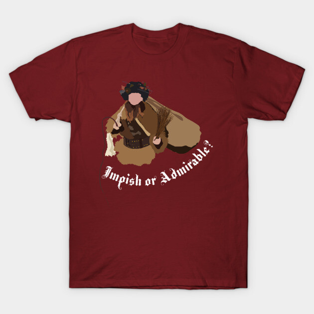 Maroon t-shirt with "Impish or Admirable?" text, featuring a whimsical graphic, casual wear, cotton blend.
