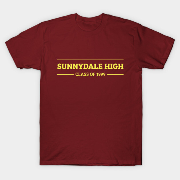 Maroon t-shirt with "Sunnydale High Class of 1999" in yellow text, casual style, soft cotton fabric.