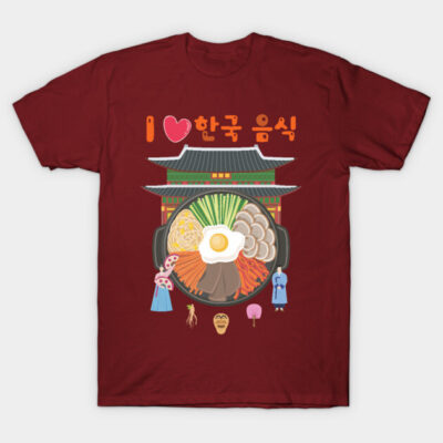 Red T-shirt featuring Korean food and culture design, perfect for casual wear and cultural enthusiasts.