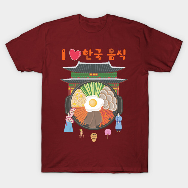 Red T-shirt featuring Korean food and culture design, perfect for casual wear and cultural enthusiasts.