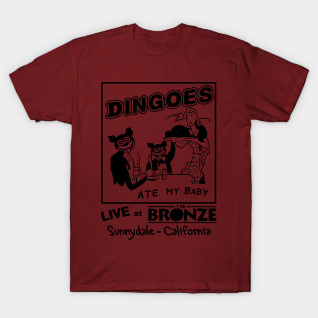 Maroon graphic t-shirt featuring a playful band theme, perfect for casual wear and music lovers.