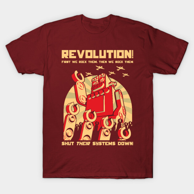 Red graphic robot t-shirt, retro design, short sleeve, cotton, casual wear for tech enthusiasts.