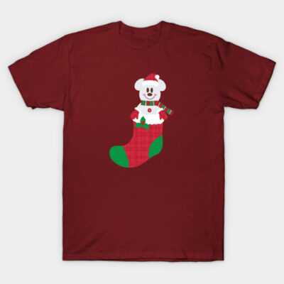 Red Christmas t-shirt featuring festive bear in stocking design, perfect for holiday celebrations, made from soft cotton.