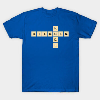 Blue Bitcoin-themed t-shirt with crossword design, casual style, cotton material, ideal for cryptocurrency enthusiasts.