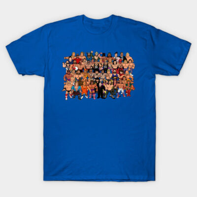 Blue graphic T-shirt featuring vintage wrestling characters, casual style, cotton material, ideal for fans and collectors.