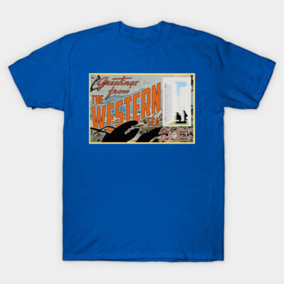 Blue T-shirt with vintage "Greetings from the Western Sea" graphic, casual wear, 100% cotton, unisex design.