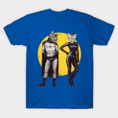 Blue t-shirt with cat superhero design, featuring bold yellow circle background, perfect for casual wear or gifting.