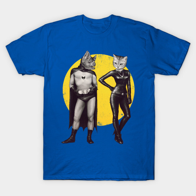 Blue t-shirt with cat superhero design, featuring bold yellow circle background, perfect for casual wear or gifting.