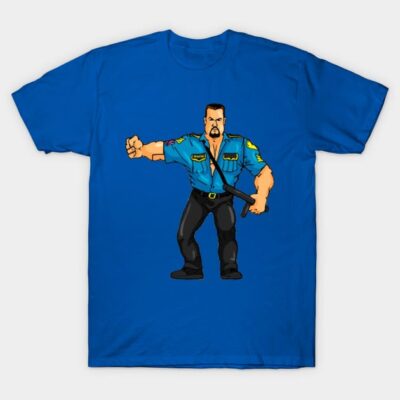 Blue t-shirt with cartoon security officer graphic, casual style, 100% cotton, perfect for everyday wear.