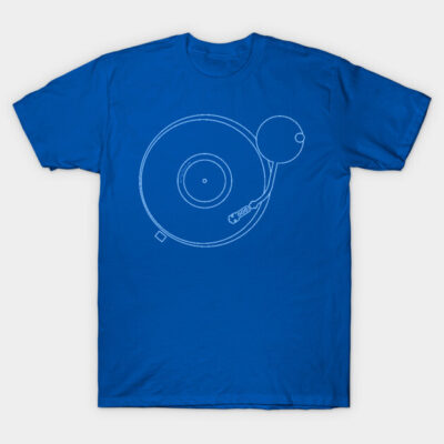 Blue t-shirt with turntable graphic, casual style, 100% cotton, ideal for music lovers and everyday wear.