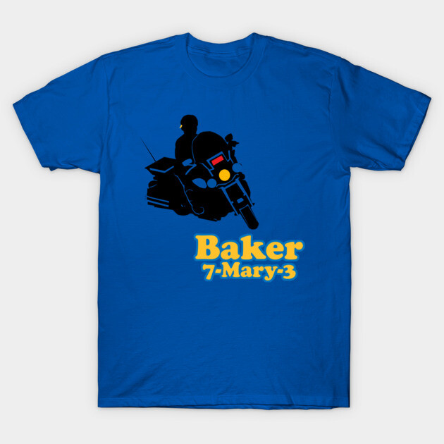 Blue graphic t-shirt featuring motorcycle silhouette and bold yellow text, casual wear, 100% cotton.