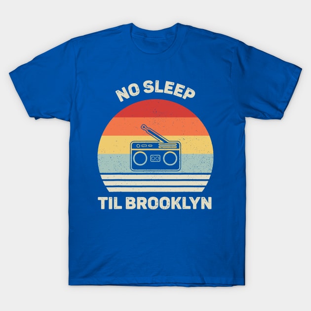 Blue t-shirt with retro radio design and "No Sleep Til Brooklyn" text, ideal for casual wear.