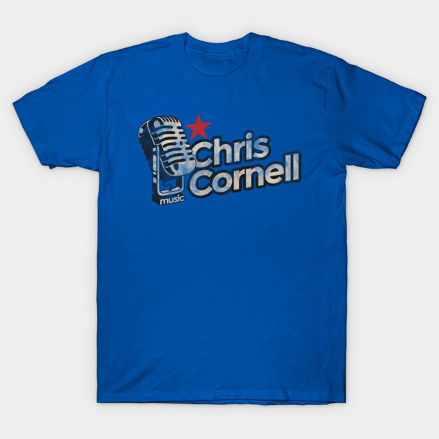 Blue graphic t-shirt with vintage microphone design and music-themed text, casual cotton apparel.