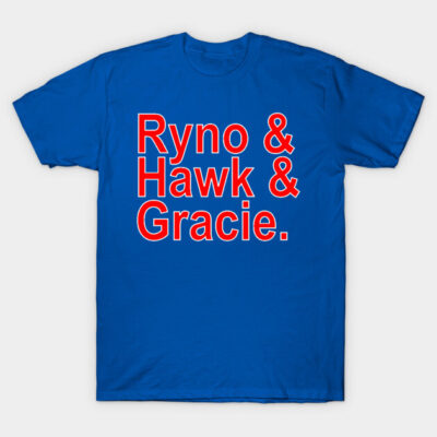 Blue t-shirt with bold red and white text design, casual style, soft cotton material, ideal for everyday wear.