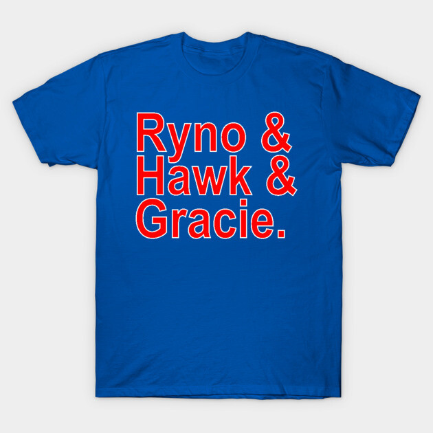 Blue t-shirt with bold red and white text design, casual style, soft cotton material, ideal for everyday wear.
