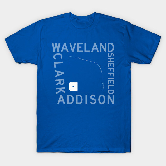 Blue graphic T-shirt featuring street names in bold letters, casual style, ideal for everyday wear.