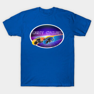 Blue graphic t-shirt featuring retro light cycles design, perfect for casual wear, 100% cotton material.