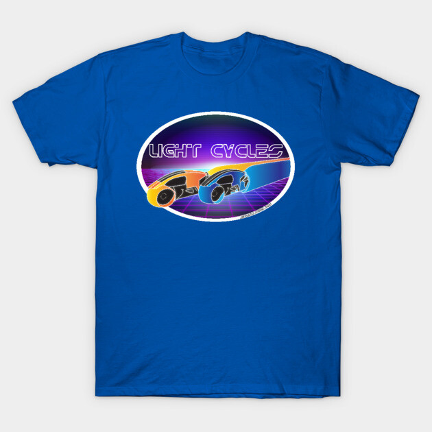 Blue graphic t-shirt featuring retro light cycles design, perfect for casual wear, 100% cotton material.