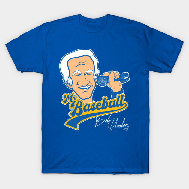 Blue "Mr. Baseball" graphic t-shirt with microphone design, perfect for casual wear and sports fans.